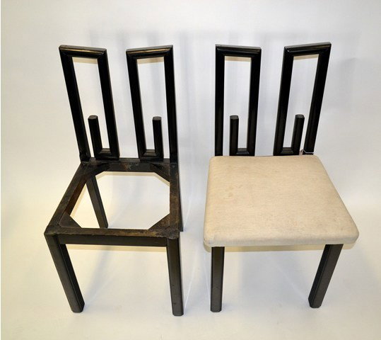 James Mont, Pair of Side Chairs: Pair of mid-century James Mont ebonized wood side chairs. 20" width x 26.5" height x 21" depth (20" height to seat). One chair missing seat panel.