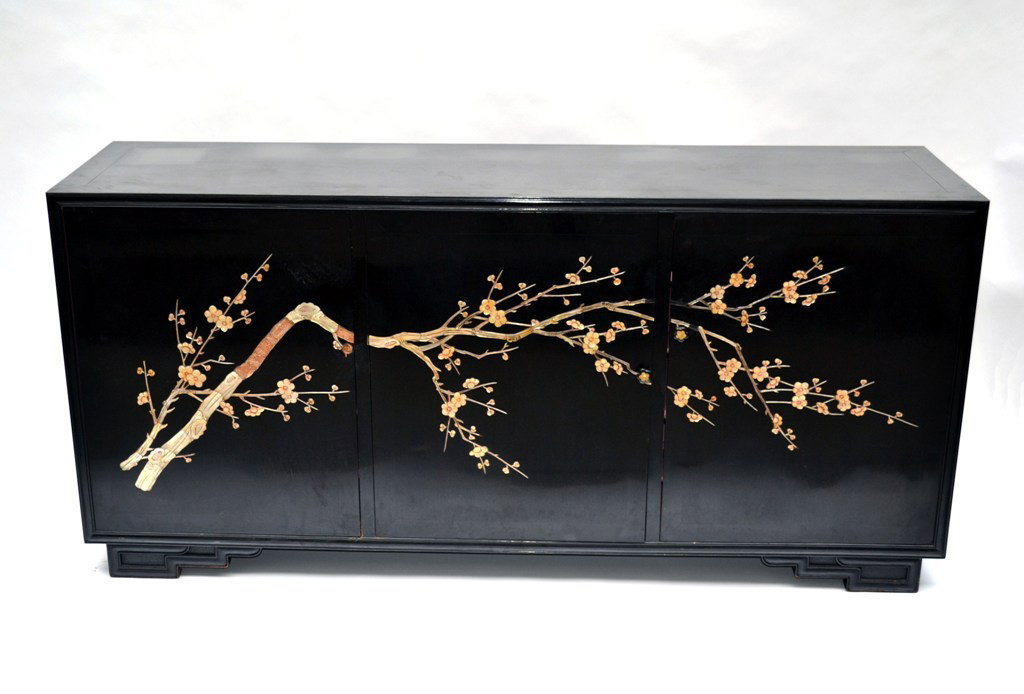 Modern Mid-Century Credenza: Credenza with three doors bearing modern inlaid Japanese blossom tree branch.