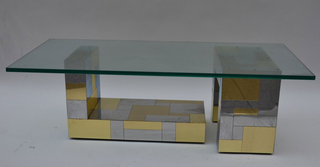 Paul Evans Skyscraper, Two Part Coffee Table: Paul Evans, chrome and brass, two part Skyscraper style coffee table, having a glass top. 52" width x 16.5" height x 24" depth