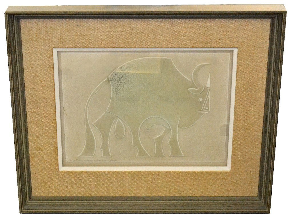 Omar Rayo - "Tauros": Omar Rayo embossed print depicting an asbstract geometric bull. Signed, dated, and numbered "C/A No. 1/10 Omar Rayo '64 - 'Tauros'" in pencil lower left. Image - 10.75" x 14.75", frame 19.5" x 23.5"