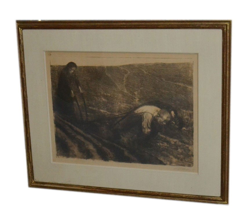 Kathy Kolwitz Lithograph: Kathy Kolwitz lithograph depicting a woman steering a plow pulled by two men, signed "Kolwitz" bottom right margin, some age-toning. Image - 14" x 19", frame 29" x 24".