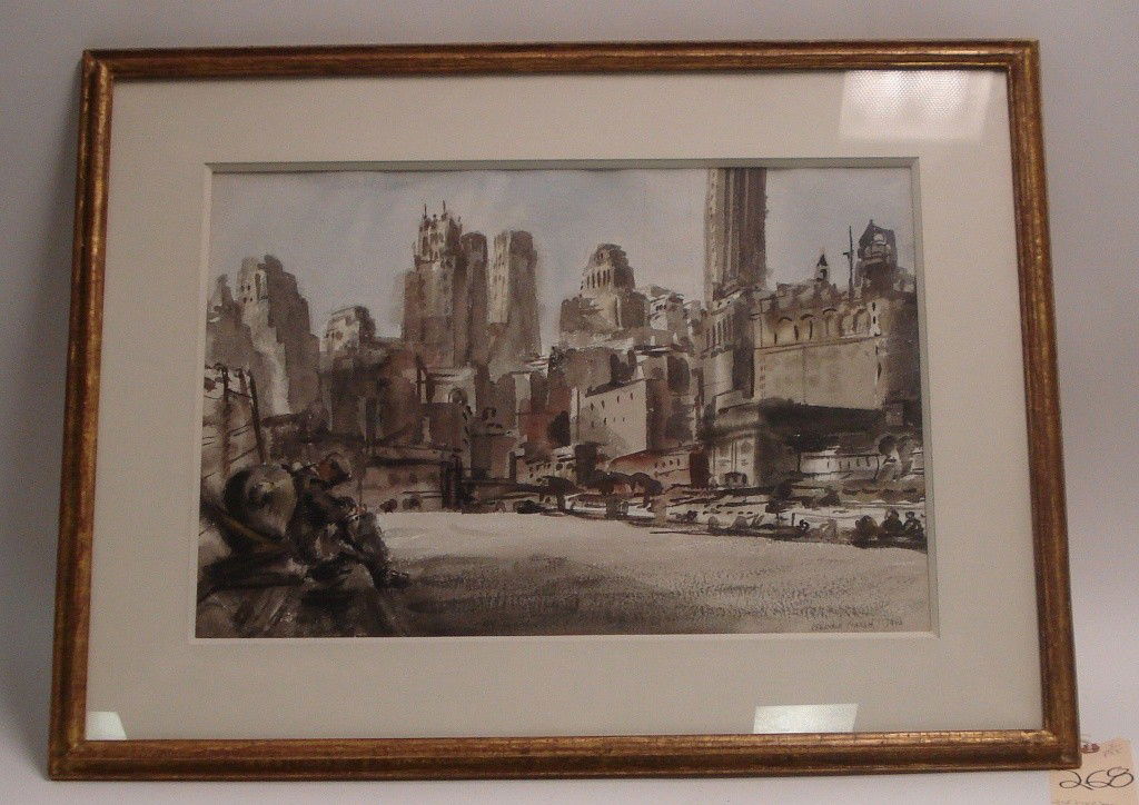 Reginald Marsh Watercolor: Reginald Marsh watercolor depicting a seated longshoreman with New York skyline in background, signed "Reginald Marsh 1940" lower right. Image - 14.5" x 21.5", frame 30" x 22.5"