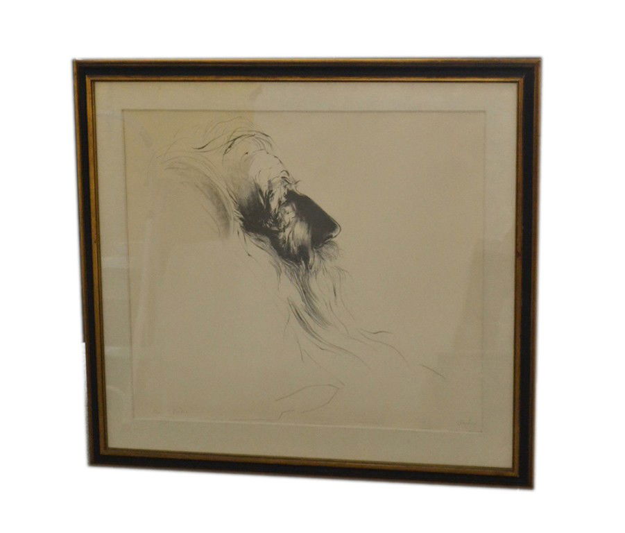 Leonard Baskin Lithograph: Leonard Baskin lithograph, half profile bust-length depiction of an old bearded man. Numbered, titled, and signed "53/100 - Rodin - Baskin" in bottom margin. Image - 20" x 23", frame 27" x 30"
