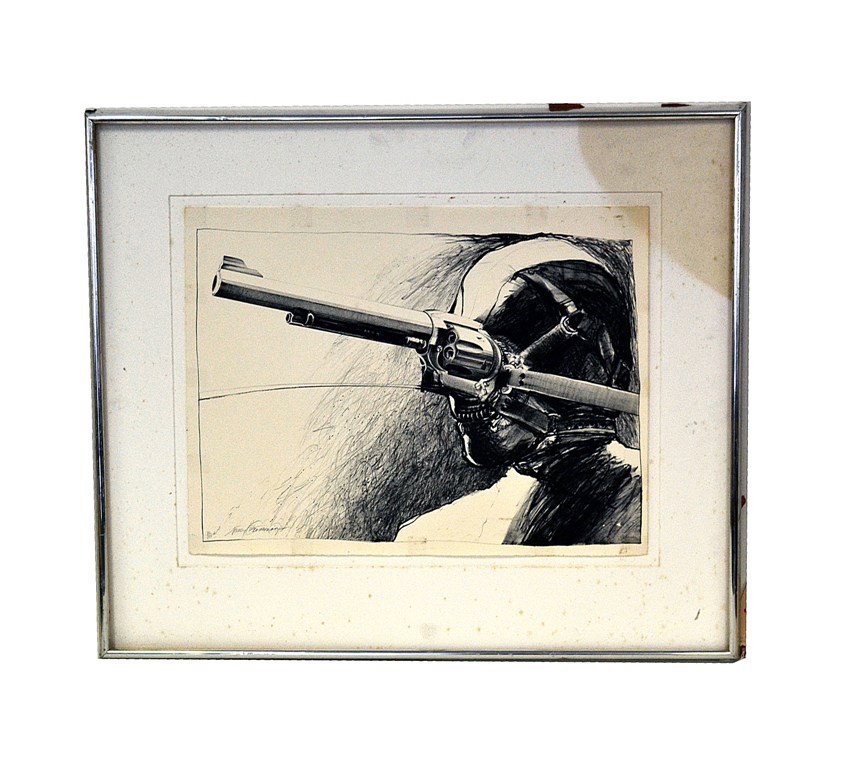 Nancy Grossman Lithograph: Nancy Grossman lithograph - a surreal bust-length depiction od a figure with a revolver pistol projecting from its face. Numbered and signed in pencil "92/175 Nancy Grossman" lower left. Image - 17" x