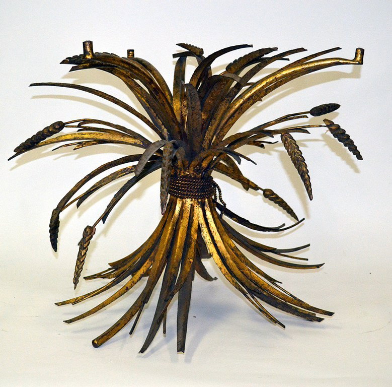 Mid-Century Wheat Sheath Table Base: Mid-century gilt tole and iron wheat sheath-form table base. 23" diameter x 17.75" height, needs glass top.