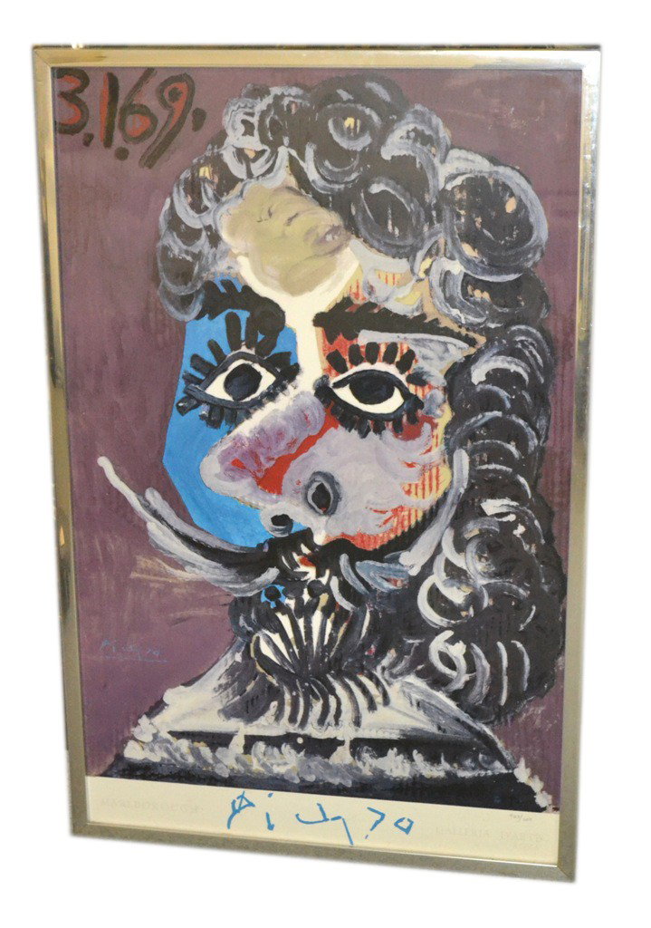 Picasso Poster: Chrome framed poster - Picasso Marlborough Galleria d'Art Roma, numbered "423/650". Good condition. 26.5" x 41" overall with frame.