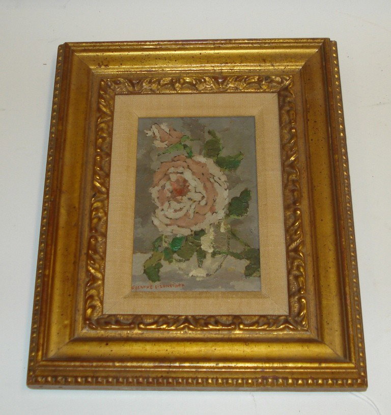 Suzanne Eisendieck Oil on Canvas: Suzanne Eisendieck oil on canvas of a floral still life. Image - 5" x 7", frame 10.5" x 13".