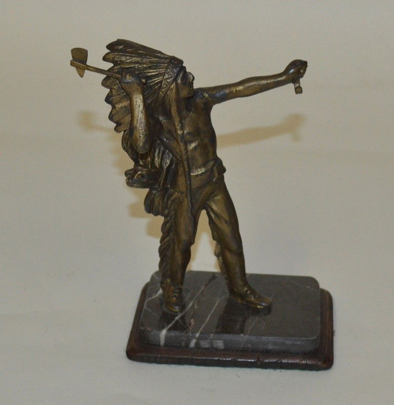 Bronze Native American Chief: Bronze Native American chief pocket watch holder on a marble base. Figure - 6" height (6.75" height overall)