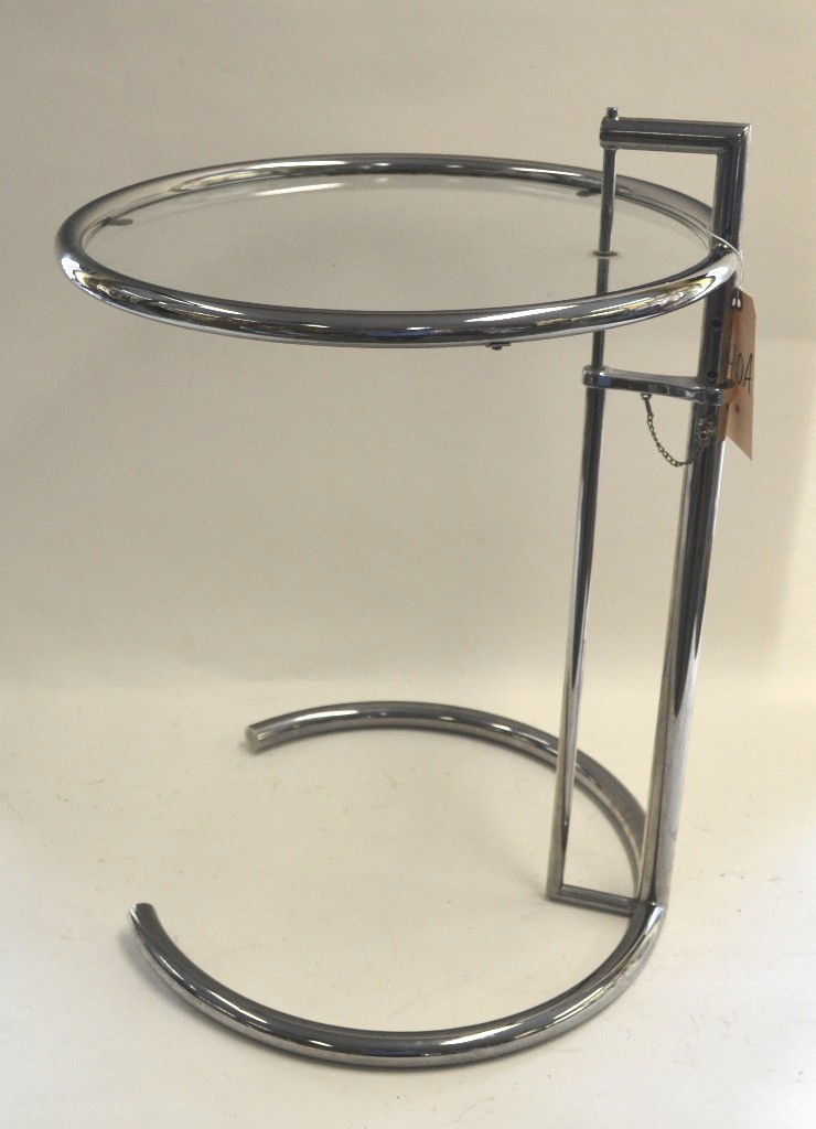 Eileen Gray, Chrome & Glass Table: Chrome and glass round table, having a u-form base by Eileen Gray. Good condition. 20.25" Dia x 27.5" H