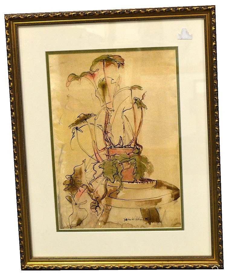 Xavier de Callatay Watercolor: Framed watercolor on laid paper signed "Xavier de Callatay 1957" lower right. Good condition.