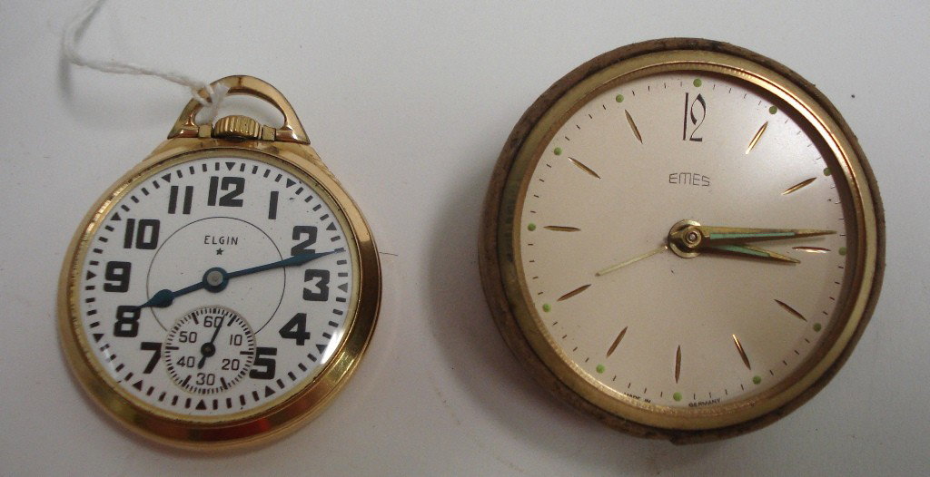 Emes, Elgin Two Timepieces: A stopwatch by Elgin, together with a desk clock by Emes. 2" dia, approx.