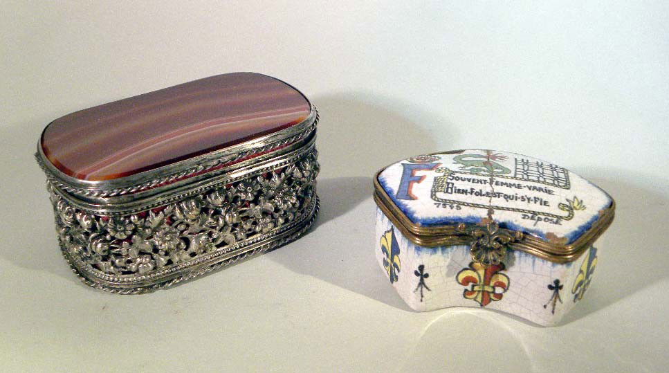 Two Decorative Boxes: Two hinged decorative boxes: one battersea with losses and a silver box with hardstone lid.