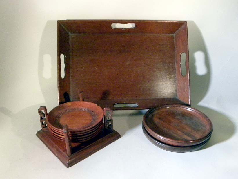 Wooden Table Articles: Consisting of a wooden tray, a set of six coasters in holder and two wine coasters.