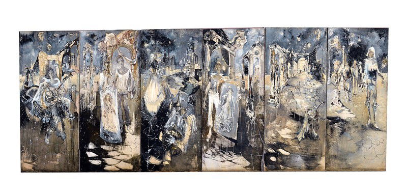 Daniel Louradour Six Panel Italian Festival Screen: Depicting dancers, harlequins, mimes, and other street performers possibly on the streets of Venice. Losses.