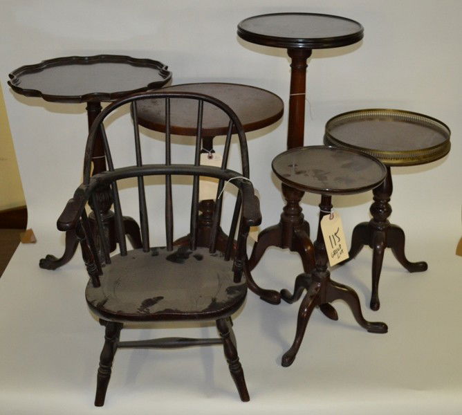 Group of Furniture, 9 Pieces: Drum table, valet, wash stand with two drawers, windsor arm chair, tea table with gallery, three tea stands and one tilt table.