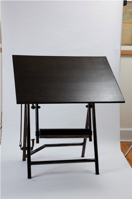 Drafting Dark Nickel and Oak Top Table: Good condition, dimensions: 41" H x 35.25" L x 27" D.