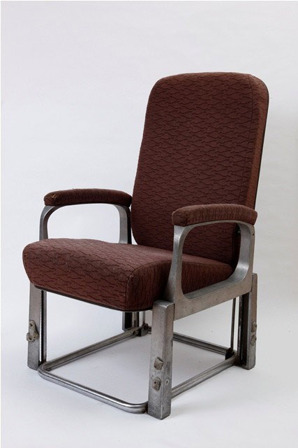 Pair of Raymond Loewy Pa. Railroad Folding Chairs: Aluminum frame, upholstered. Dimension open: 36.5" H x 21.75" W x 25.5" D. Dimension folded: 25.5" x 21.75" W x 25.5" D. Good condition.