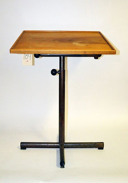 Embru Werkes Cubist Center Table: Adjustable two tier center table designed by Francois Caruelle in 1936, having a black painted metal X base. Bears Embru Brevet label. Good condition. 26.5" H x 20.25" L x 16.25" D (top tier).