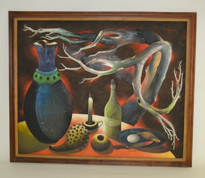 J.E. Gourgue Oil on Canvas: Framed oil on canvas of a still life with a vase and plant signed J.E. Gourgue, Hatian artist. Art: 32" x 39", Frame: 36" x 43".