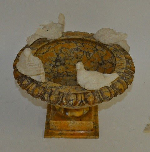 Alabaster Compote w/ Birds: Italian compote, carved border on a stepped plinth with four dove finials. Composte good, bird as is. 10.5" Dia x 9" H.