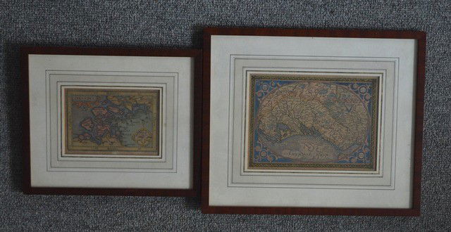 Two Framed Maps: Two maps after Abraham Ortelius. Good condition. 3.5" x 5" to 5" x 7" (Art)