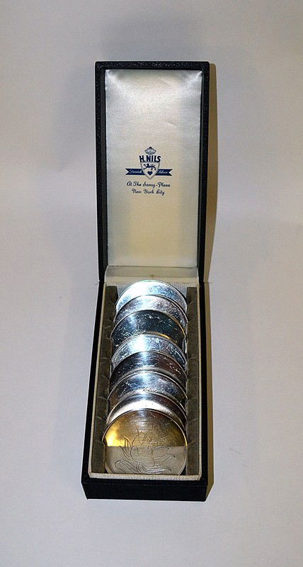 A. Michelsen, Silver Coasters: Eight Danish silver coasters, each having etched designs by A. Michelsen, Copenhagen. 3" Dia. 9,9 oz