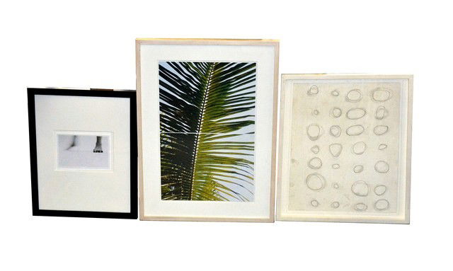 Group of Three Framed Contemporary Works: Group of three framed contemporary works of art: comprising: a Palm Frowd photograph attributed to Jack Pierson, a photograph of a dancer's feet, and a mixed media depicting 28 stones. Image sizes fro