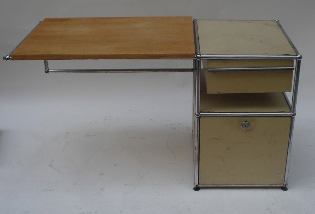 Vintage Fritz Haller Desk: Uncommon Fritz Haller desk with cantilever writing surface and drawer above storage compartment. 46" width x 24.5" height x 21.25" depth