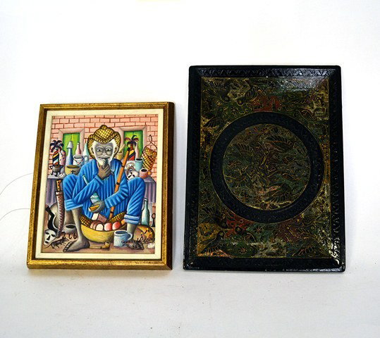 Lacquer Tray and Oil on Canvas Man: A decorated (birds, animals and flowers) tray together with a framed oil on canvas of a seated man eating by Gerard Valcin (Voodoo Man). Minor losses. 11" x 14" Tray, 7" x 11" Art