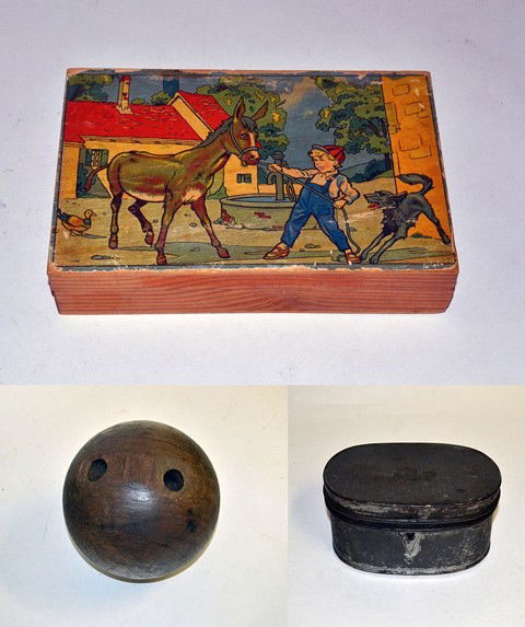 3 Folk Art Items: 3 Folk art items comprising: wooden bowling ball, an antique vintage child's puzzle set (in case), and a small metal box