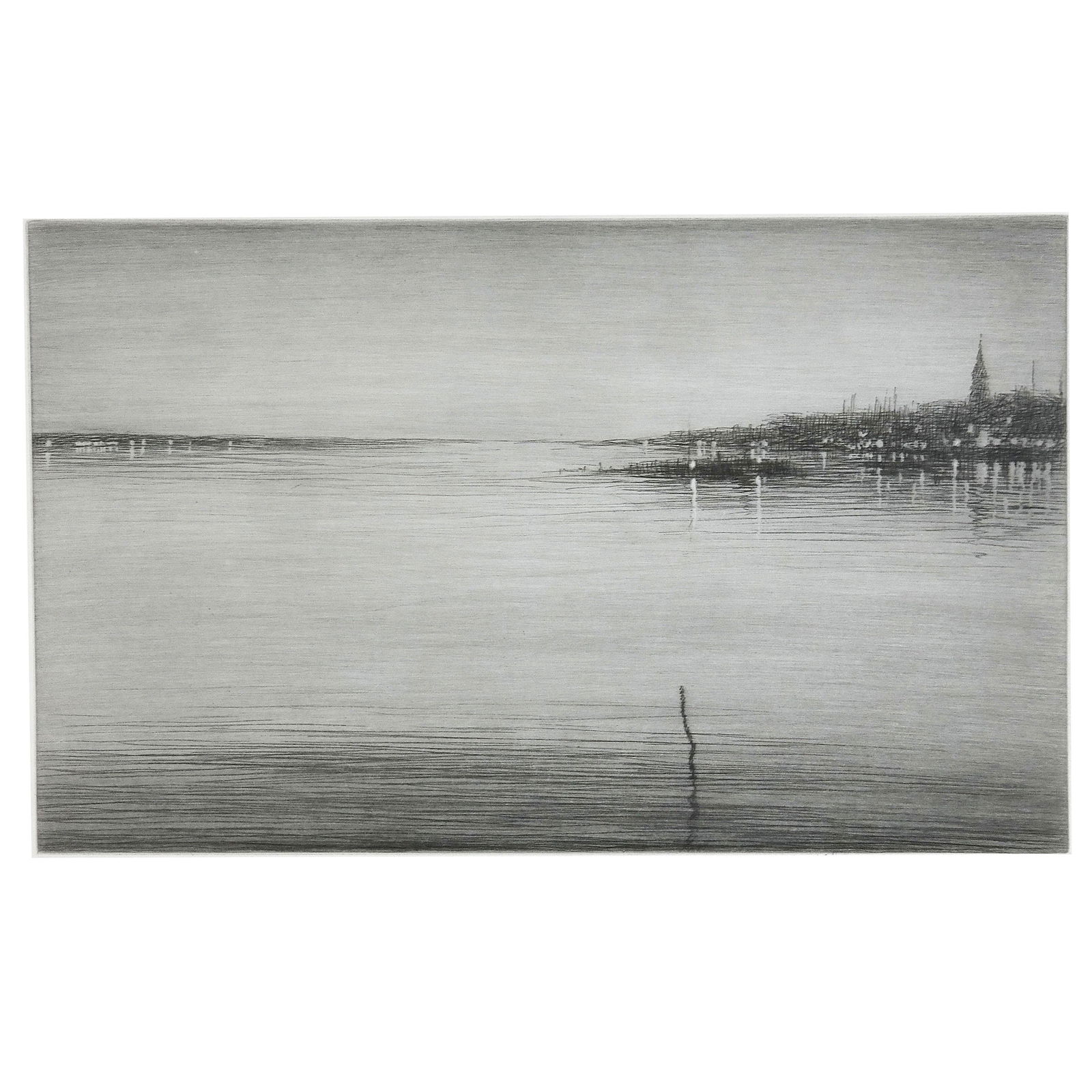 Kerr EBY: "Harbor Lights Nocturne" - Etching: Kerr Eby (American, 1889-1946) etching titled "Harbor Lights", signed lower right, edition 100. Provenance on reverse. From the Collection of Jeffrey M. Kaplan. [Art: 9" H x 14" W; Frame: 17" H x 21"