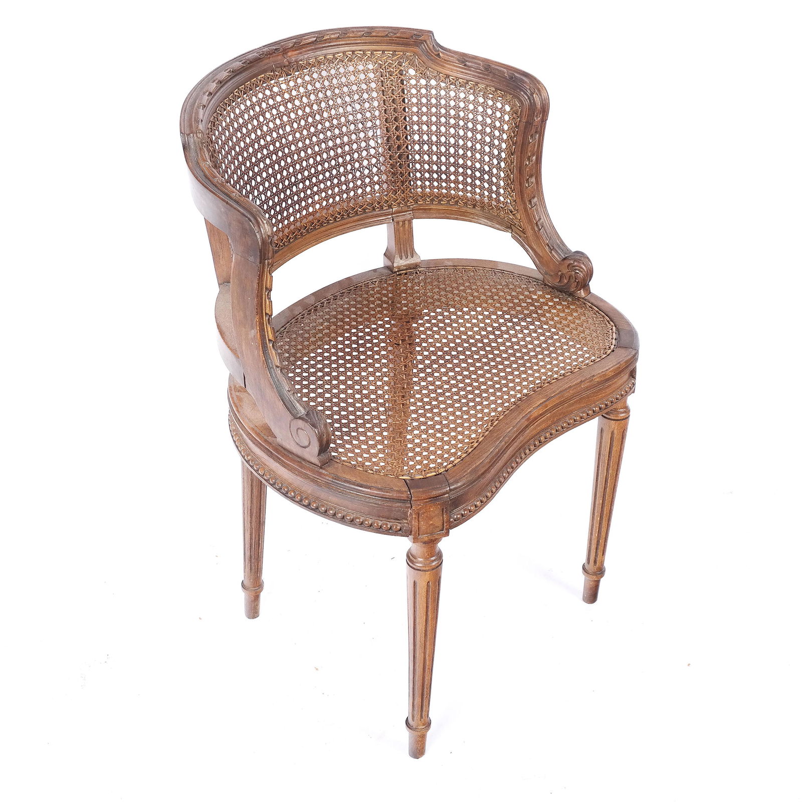 Louis XVI-Style Caned Armchair: Louis XVI-style caned armchair. From the Collection of Jeffrey M. Kaplan. [31" H x 21 1/2" W x 18 1/2" D]. Frame loose, scuffs and wear.
