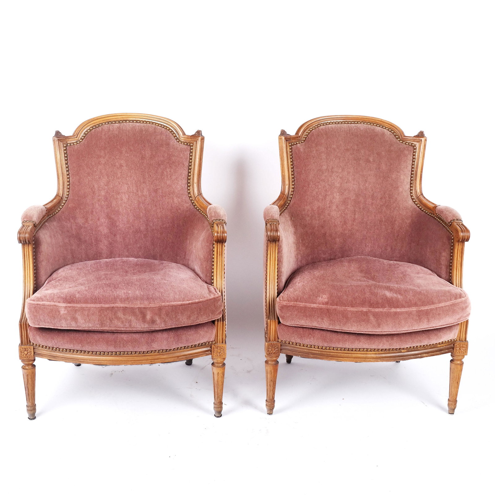 Pair of Upholstered Armchairs: Pair of upholstered armchairs. [37" H x 27 1/2" W x 26 1/2" D]. Wear and marks to fabric and frame.