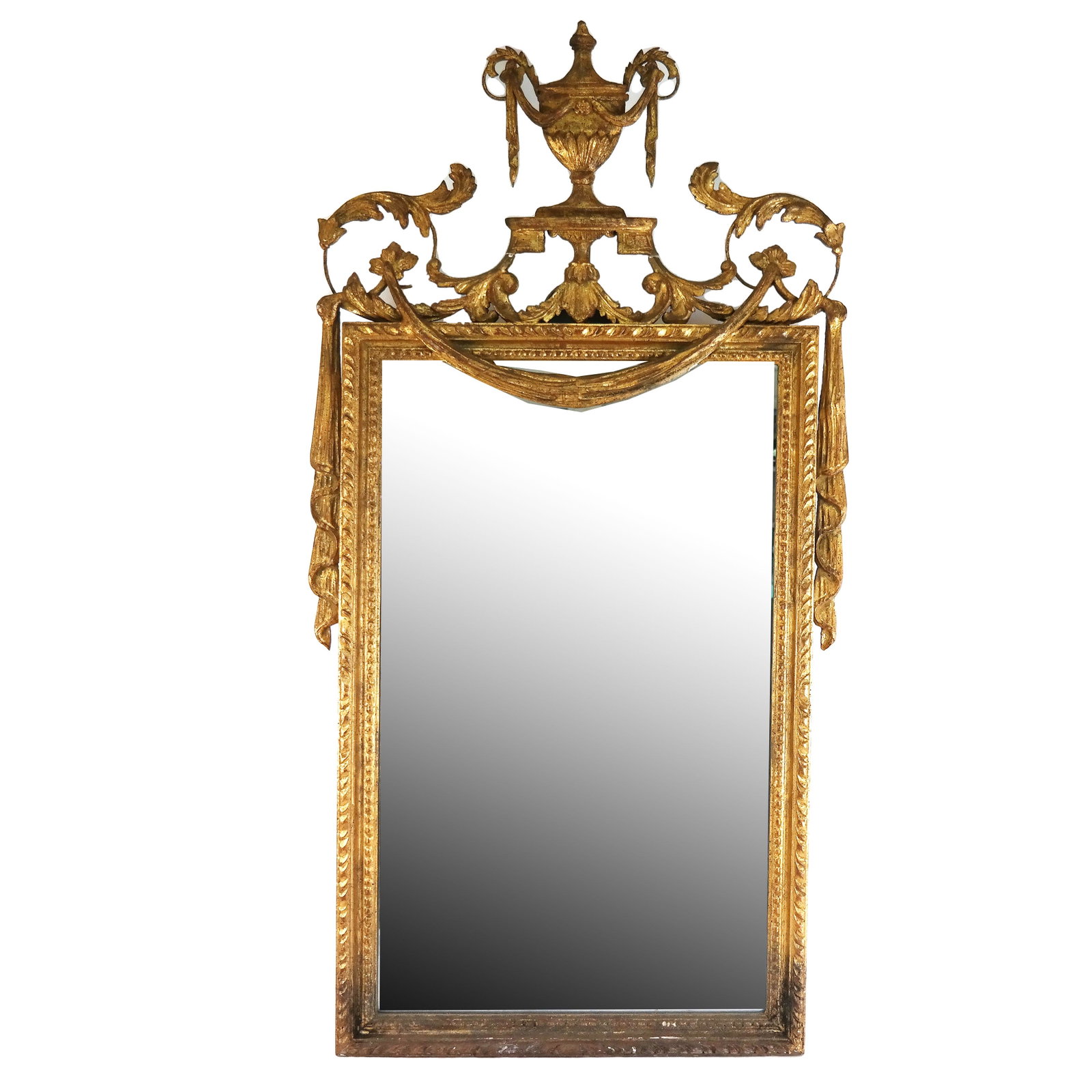 Neoclassical-Style Giltwood Mirror: Neoclassical-style giltwood mirror with urn and swag details over the plate. [46" H x 21" W].