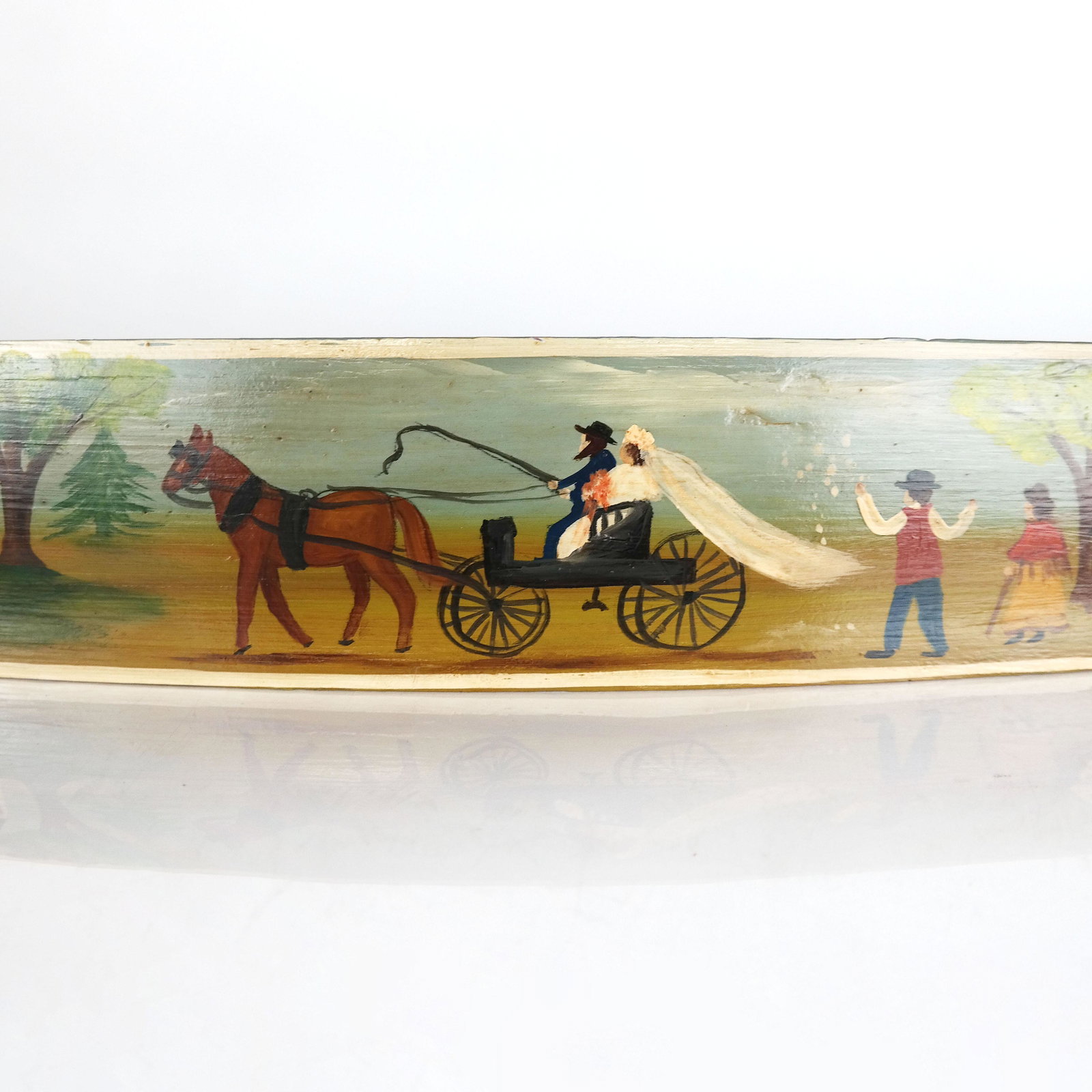 Wedding Scene - Oil on Board: Oil on board painting of an Amish (?) wedding scene, signed lower right E. Dean (?). [3" H x 33 3/4" W x 2" D].