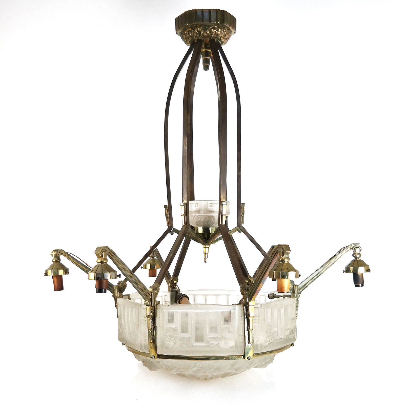 Art Deco Bronze & Glass Chandelier: Art deco bronze and glass chandelier, with six arms and three internal lights around frosted glass shades. From the Collection of Jeffrey M. Kaplan. [30" H x 27" Diam.]. Glass with internal bubbles an