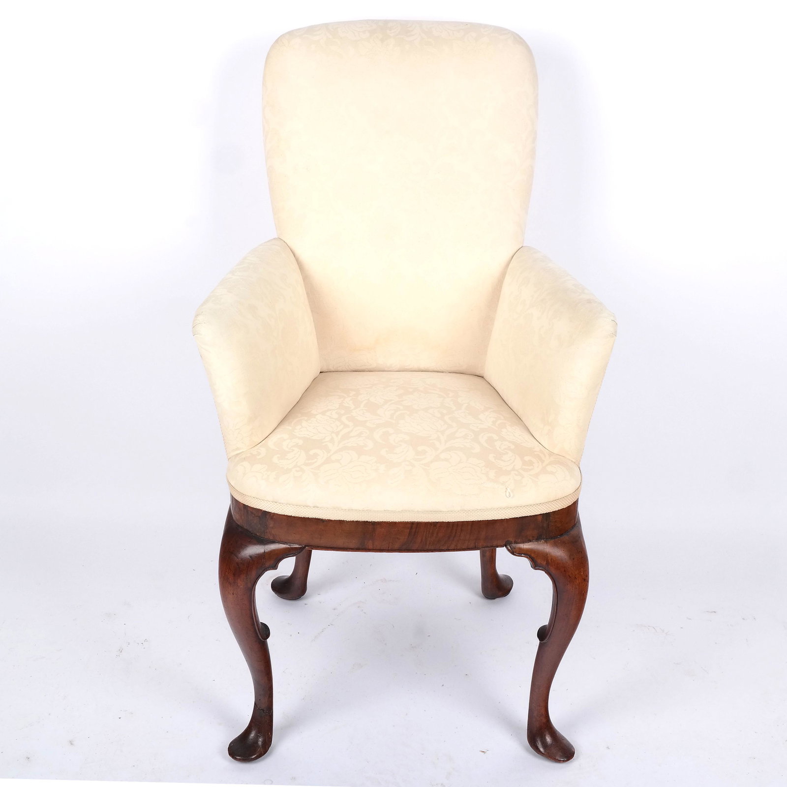 Georgian Mahogany Upholstered Armchair: Georgian mahogany upholstered armchair of small proportions with narrow seat [11" W]. [Overall: 41" H x 23" W x 22" D]. Cracks, breaks, restoration.