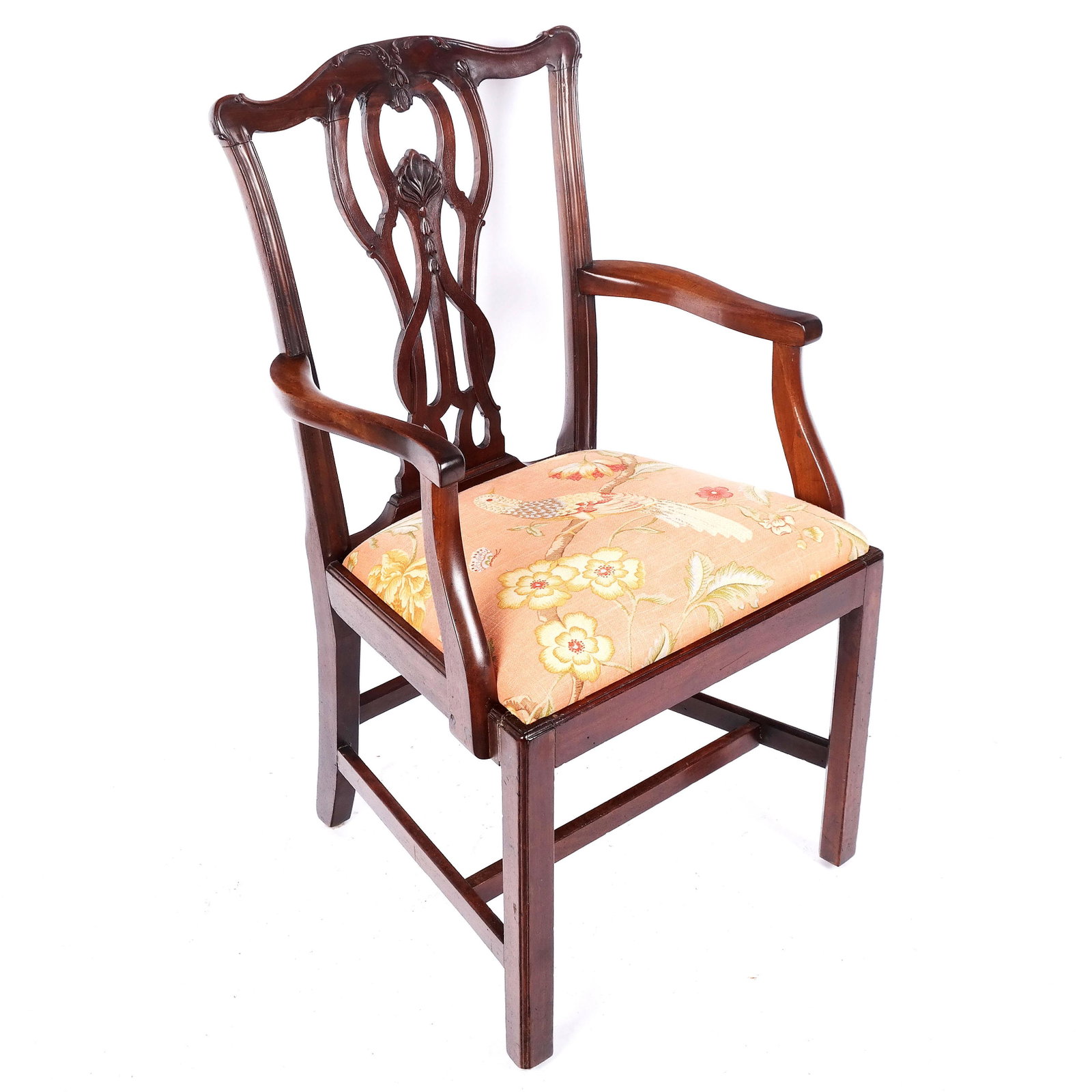Late 18th Century George III Mahogany Armchair: Late 18th century George III mahogany armchair with floral and bird upholstered seat. Label to base. [38" H x 22" W x 20" D]. Overall with typical marks and wear.