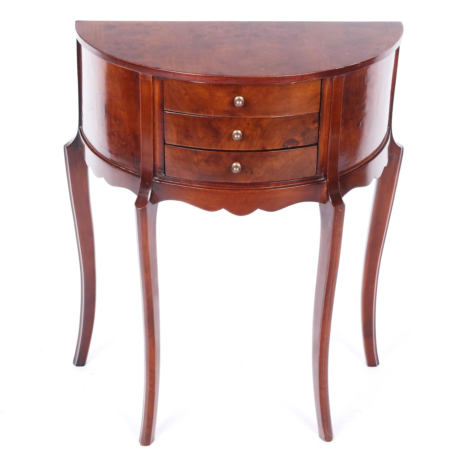 Burlwood Demilune Console Table: Burlwood demilune console table with three drawers. [28" H x 24 1/2" W x 11" D]. Scuffs and losses to veneers.