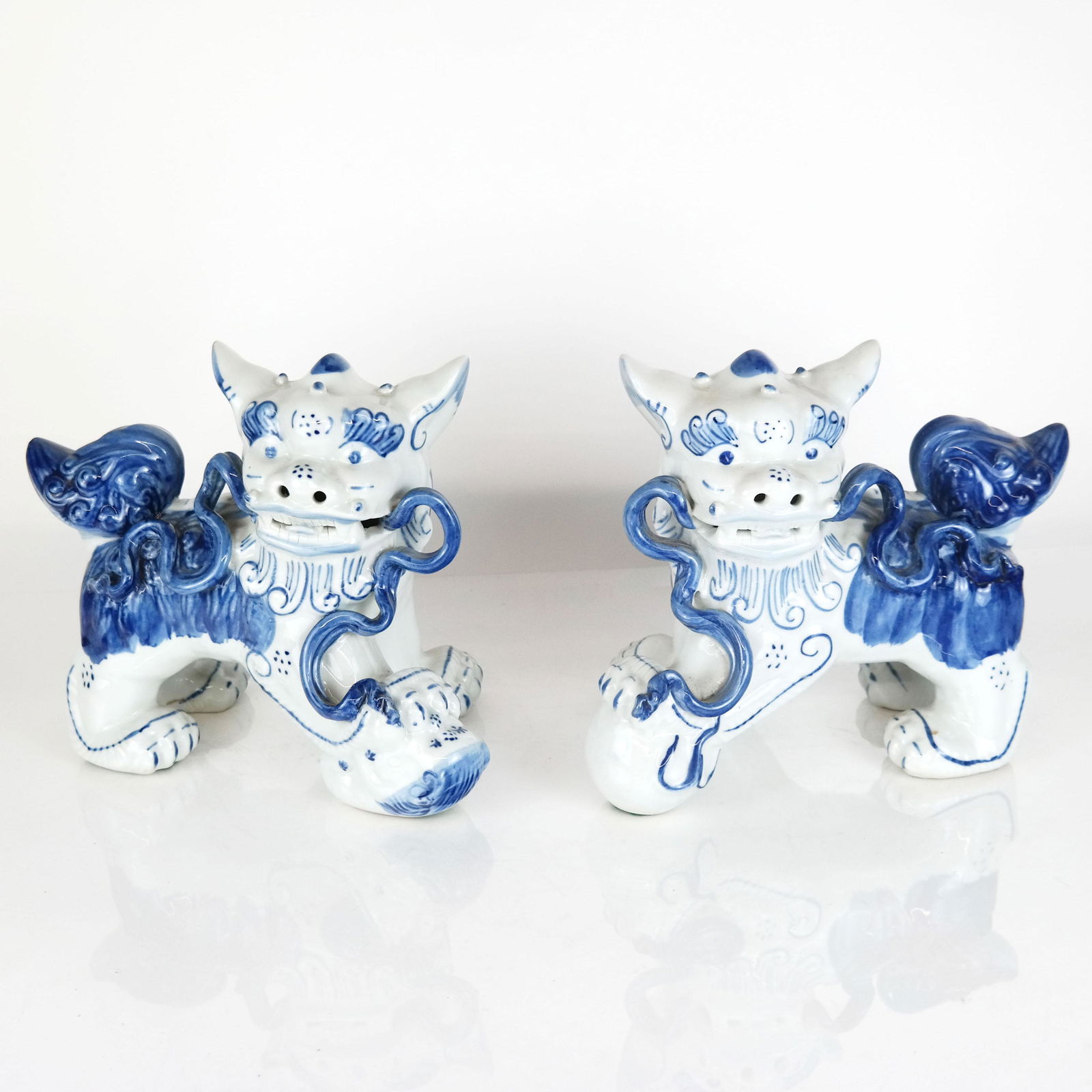 Pair of Chinese Blue & White Foo Dogs (1 of 7)