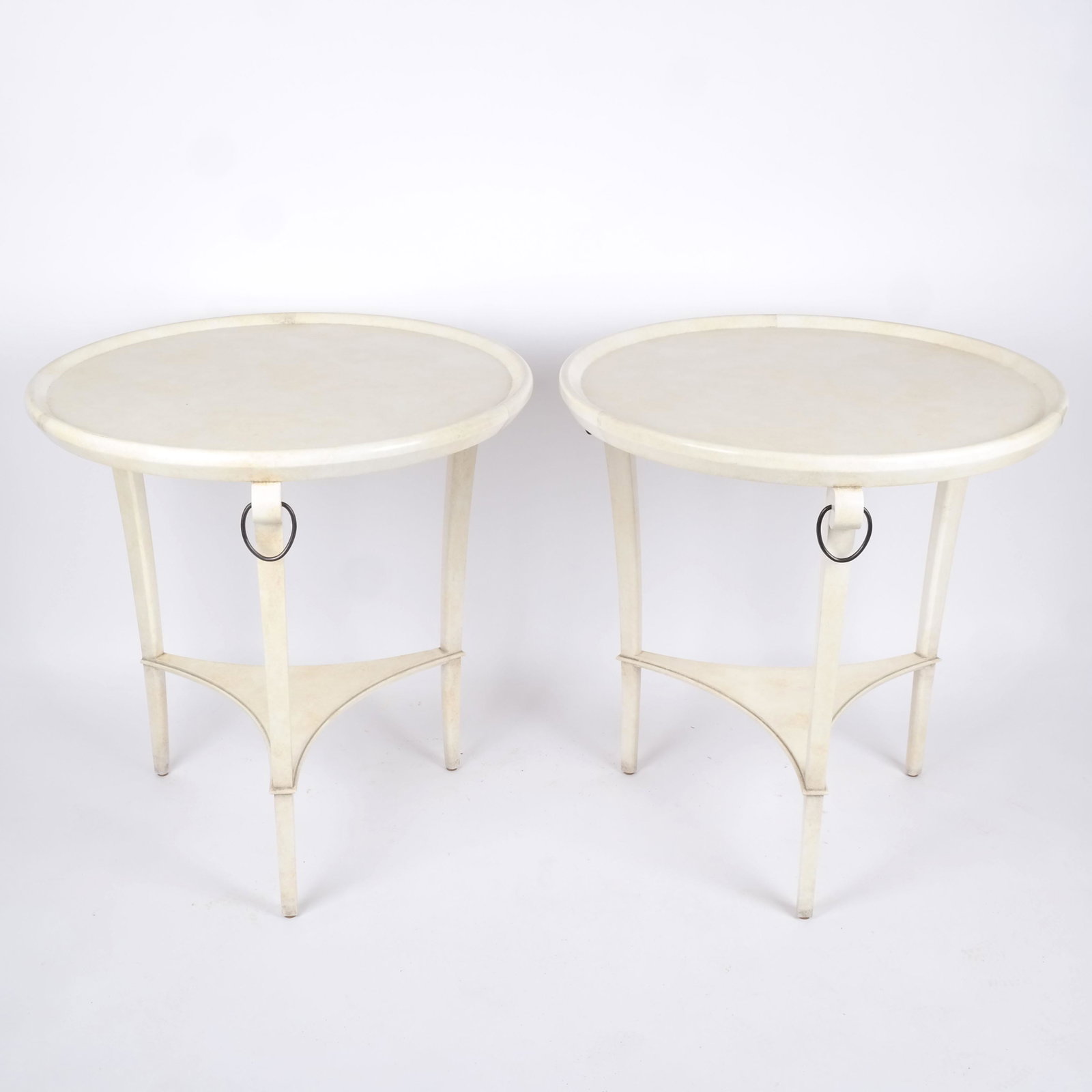 Pair of Modern Tables by Latesta Studio: Pair of French modern creme circular tables by Latesta Studio, Paris. [30 1/4" H x 30" Diam.].