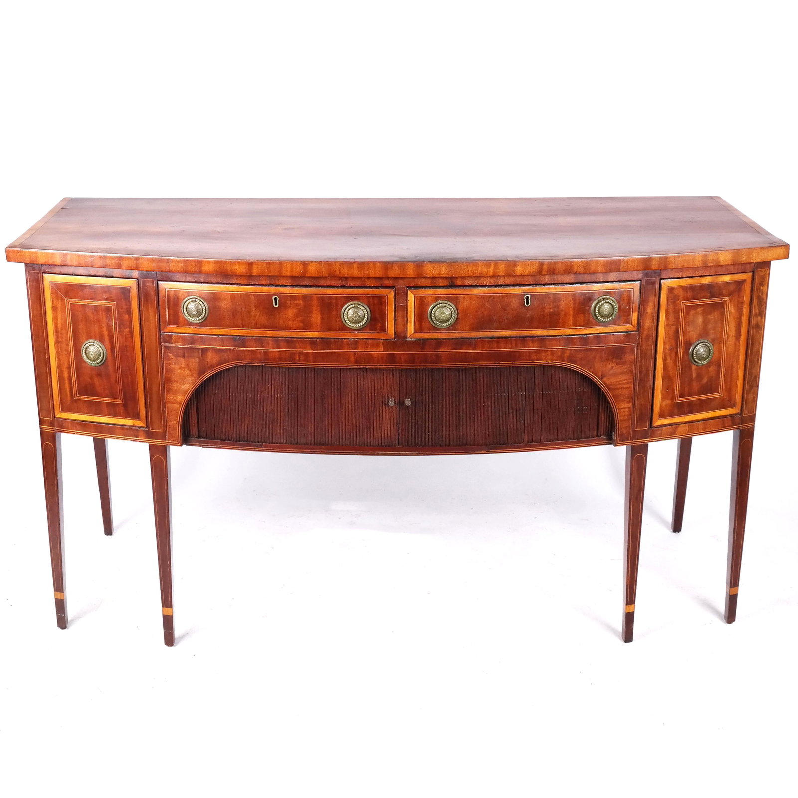 Hepplewhite Inlaid Mahogany Sideboard: Hepplewhite inlaid mahogany sideboard with four drawers around tambour front doors. [37" H x 66" W x 25" D]. Losses and patching to veneers, overall with scuffs and wear.