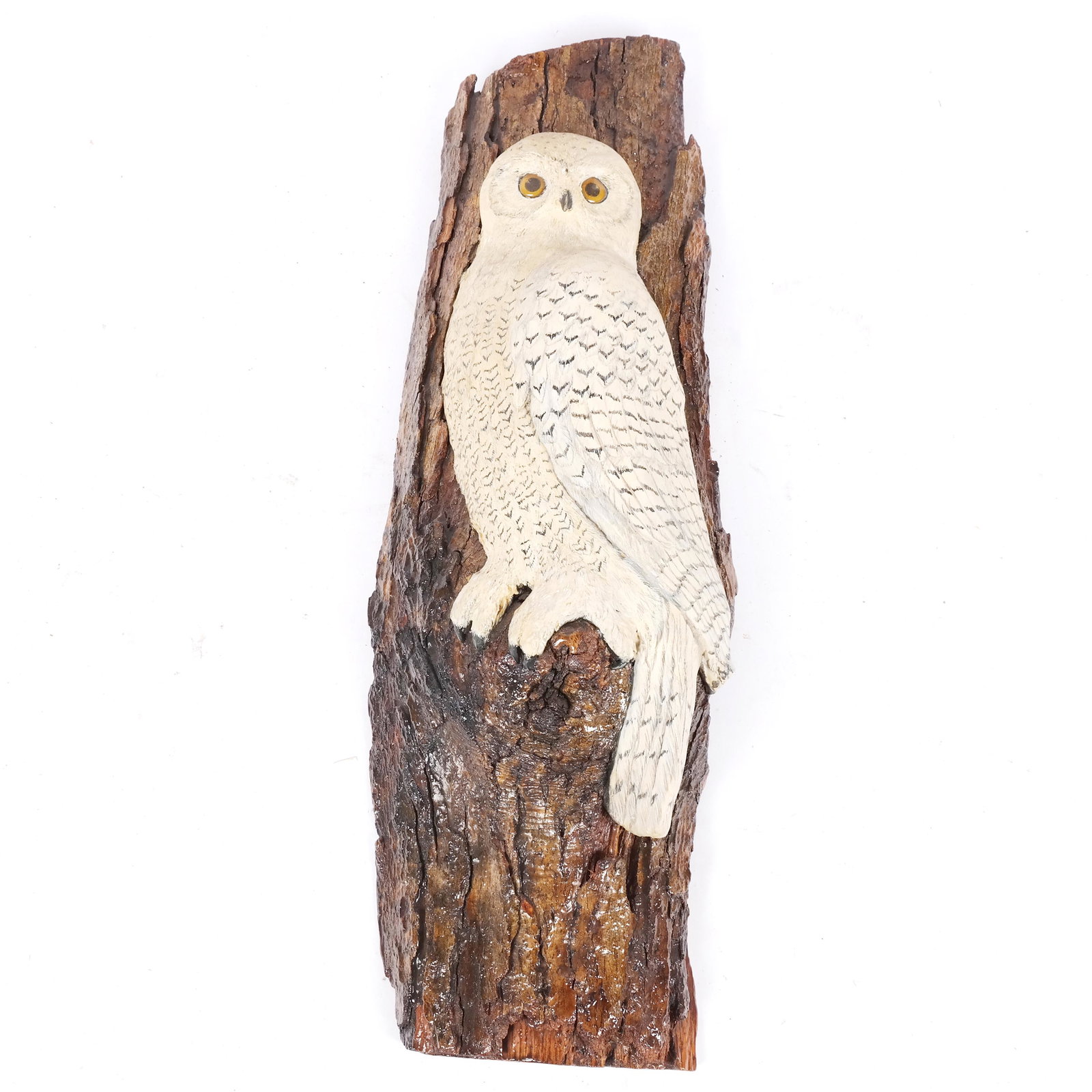 Jan Chandler GARBERO: Carved Oak Bark Sculpture: Jan Chandler Garbero (American, b. 1942) carved oak bark sculpture with snowy owl painted applique, label to reverse. [26 1/2" H x 9" W x 4 1/2" D]. Minor wear.