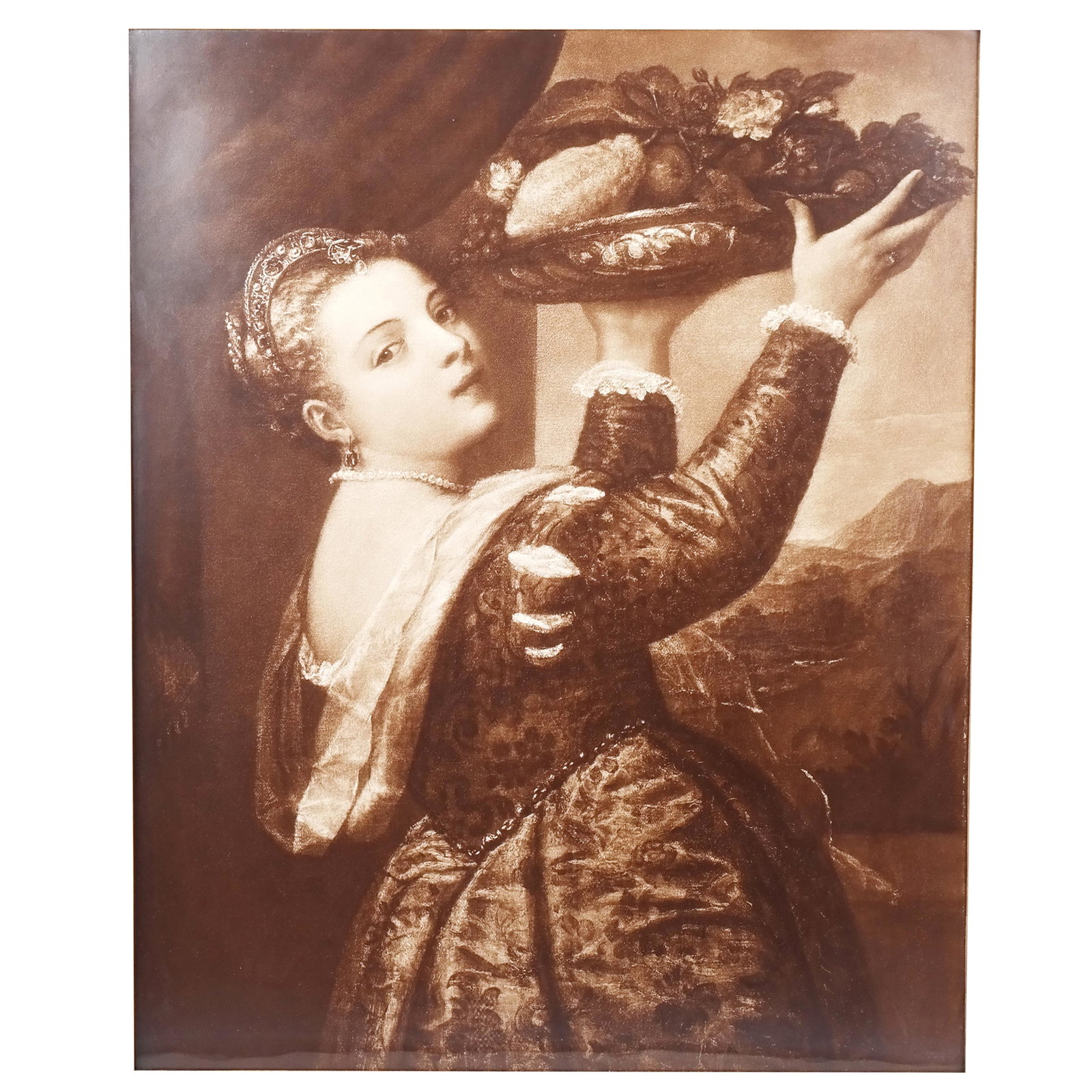 Framed Sepia Tinted Picture of a Renaissance Woman: Sepia tinted picture of a Renaissance woman, after Titian's Girl with a platter of fruit, with Arteria & Co. gilt frame, under glass. [Picture: 34" H x 27" W; Frame: 40" H x 33" W].