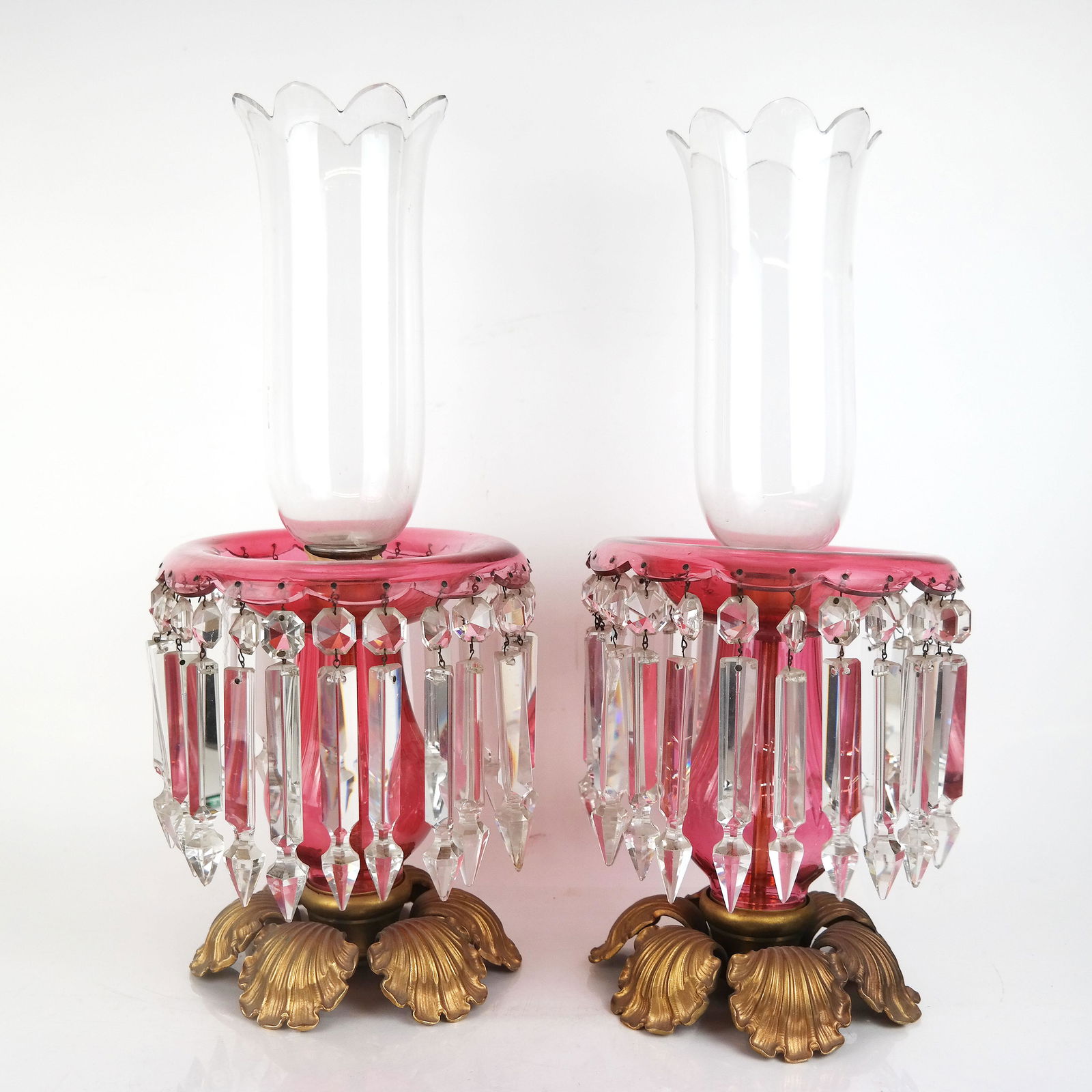 Pair of Cranberry Glass Hurricane Lusters (1 of 12)