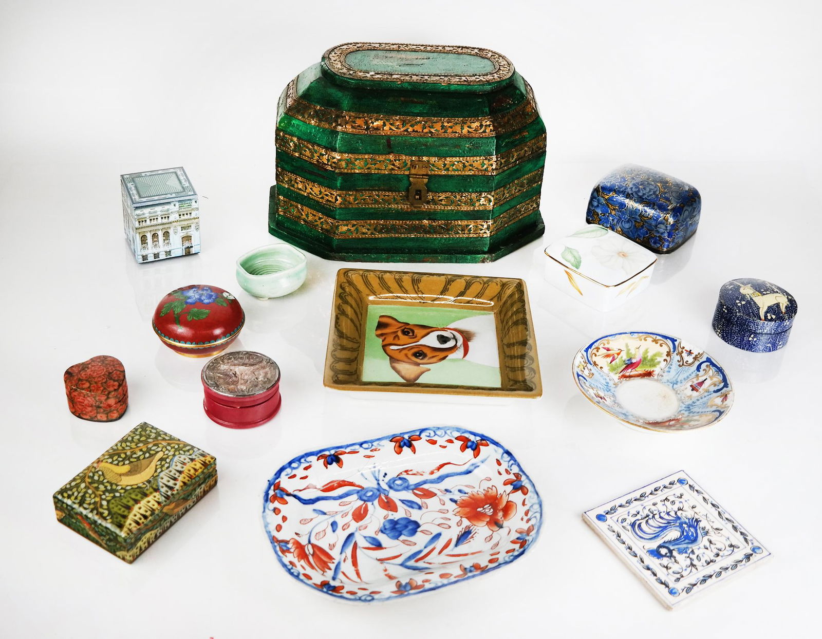Assembled Group of Decorative Boxes & Dishes (12): Assembled group of 12 decorative boxes and dishes, in various designs and mediums, including makers Limoges for Tiffany & Co. and others. [Largest: 7 1/2" H x 11" W x 7" D]. Some dishes cracked, overa