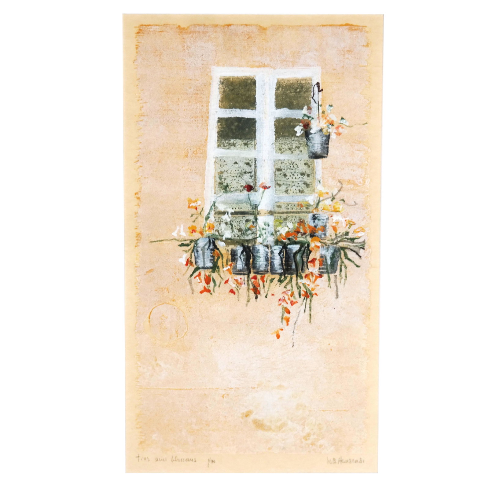 W.B. HANSEN (?): "Tins & Blossoms" - Work on Paper: Work on paper titled "Tins & Blossoms", numbered, titled, signed, and dated, 1981, ed. 1/30. [Art: 9 3/4" H x 5 1/2" W; Frame: 15" H x 10 1/2" W]. Irregular texture and marks lower center.