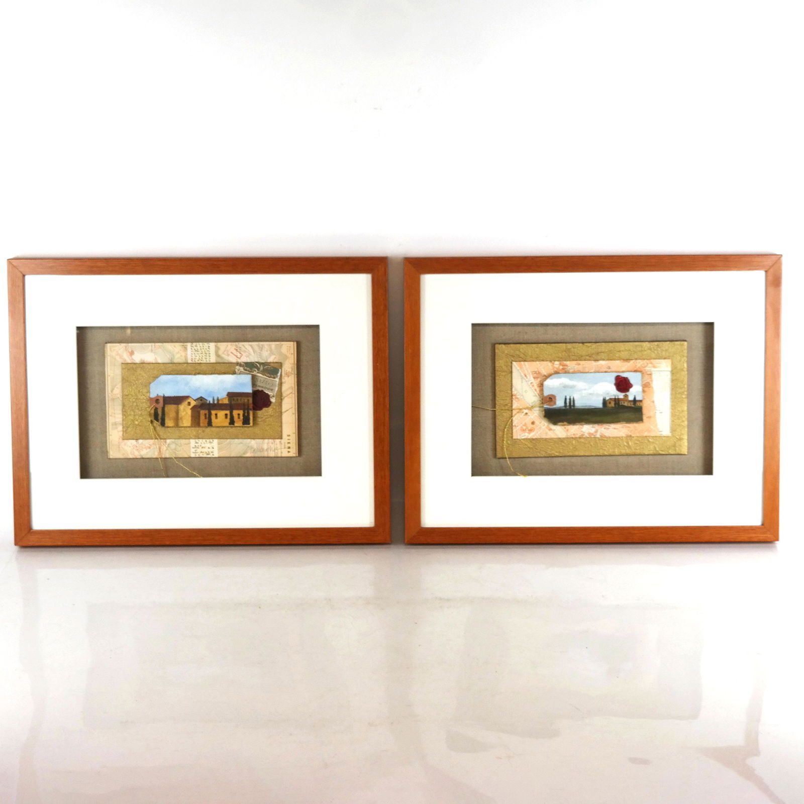 Two Italian Mixed Media Collages on Canvas: Two Italian mixed media collages on canvas illegibly signed. [Frame: 13" H x 17" W]. Wear to frames.