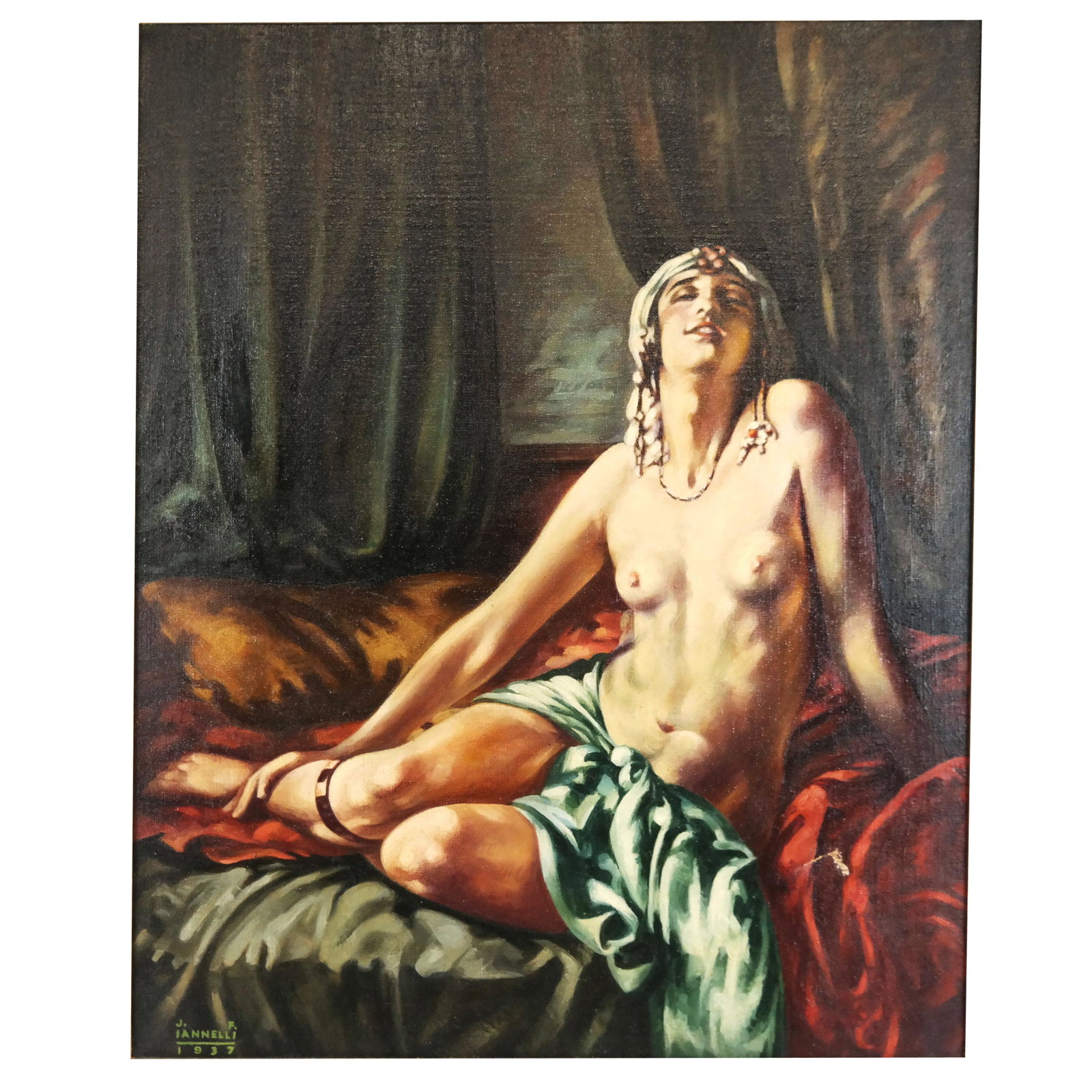 J.F. IANELLI: Nude Woman in Studio - Oil on Canvas: Framed oil on canvas painting of a nude woman in a studio, signed lower left "J.F. Ianelli" and dated, 1937. Framing label Arthur Brown & Bros., NYC. [Art: 22" H x 18" W; Frame: 27" H x 23" W].
