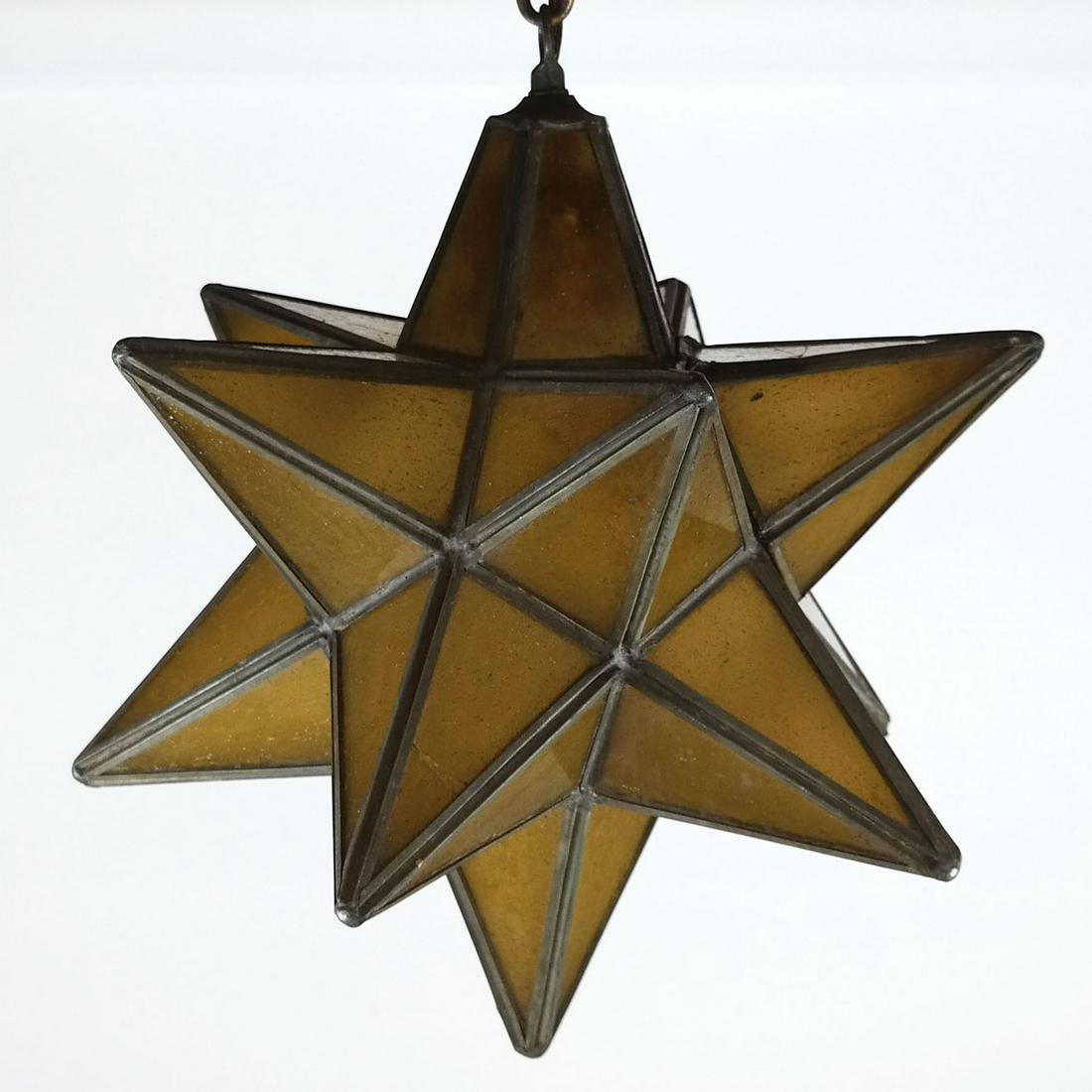 Antique Star Form Green Glass Lantern Fixture: Antique star form green glass lantern fixture. [12" H x 12" Diam.]. Some cracked panels.
